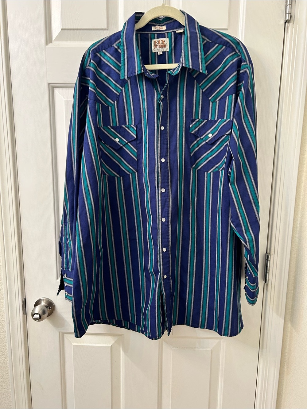 Ely Cattleman Big Man 2X Western Pearl Snap Shirt Blue Teal Striped Long Sleeve